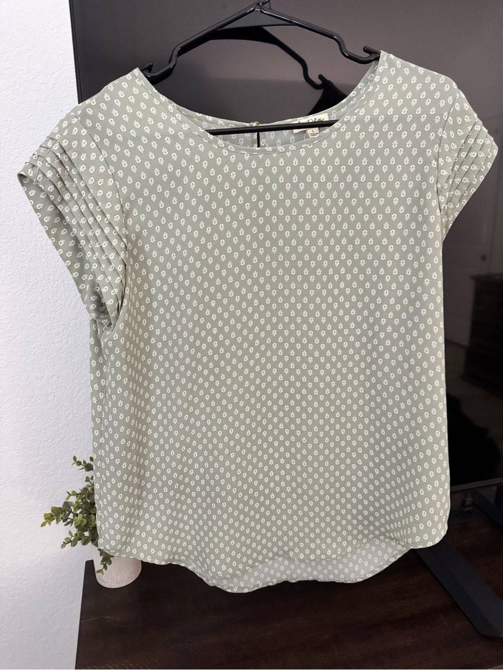 Lily White Sage Green Short Sleeve Blouse with Ditsy Print